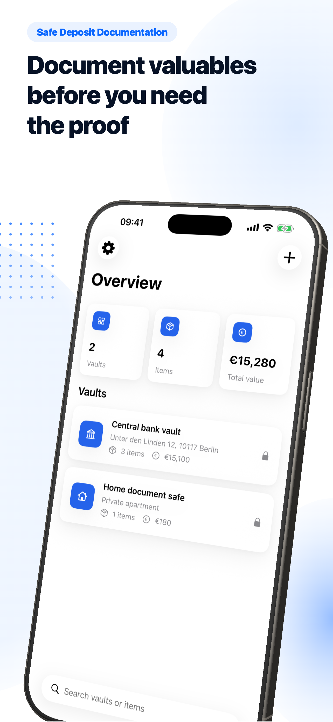 Overview of the safes inside the app